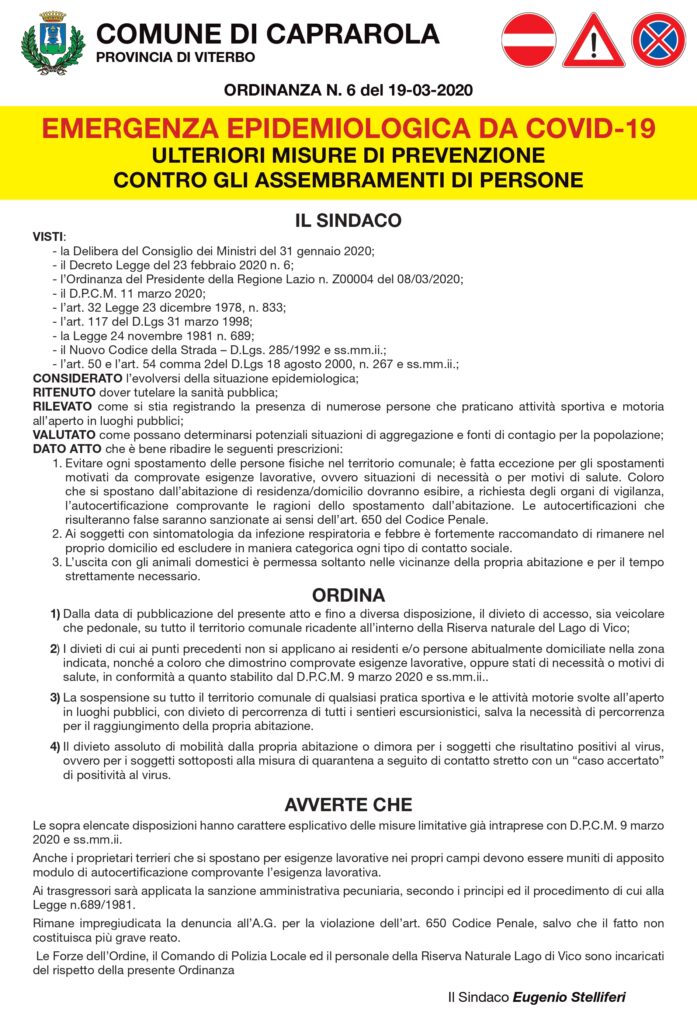 Ordinanza Comune di Caprarola n.6 19/03/2020