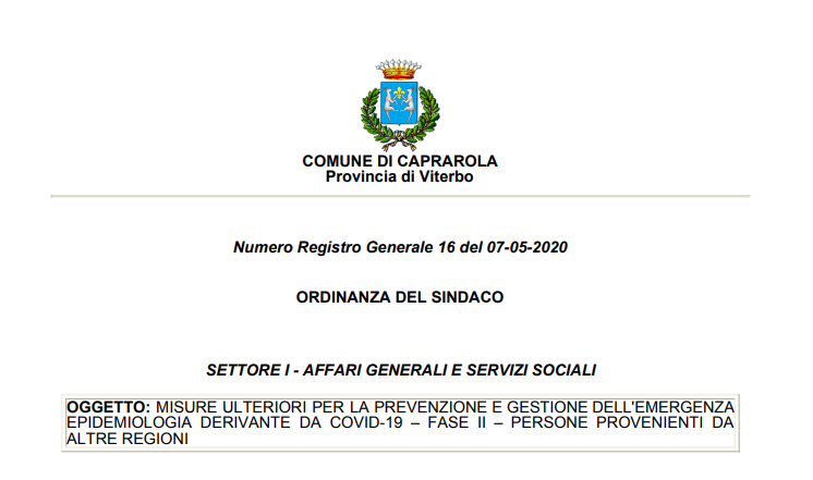 Comune di Caprarola_Ordinanza N.16 del 07/05/2020