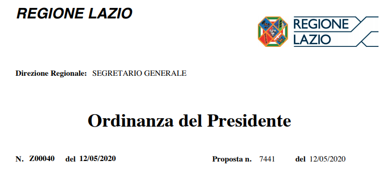 Regione Lazio_Ordinanza Z00040 del 12/05/2020