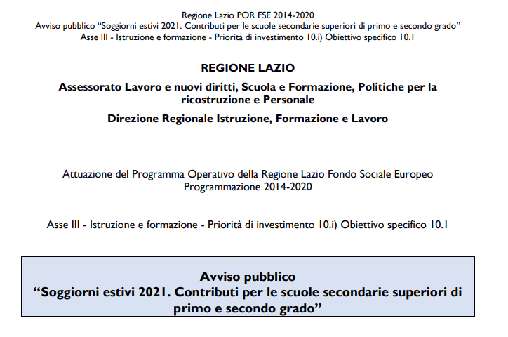 Regione Lazio – Avviso Pubblico “Soggiorni estivi 2021. Contributi per le scuole secondarie superiori di primo e secondo grado”