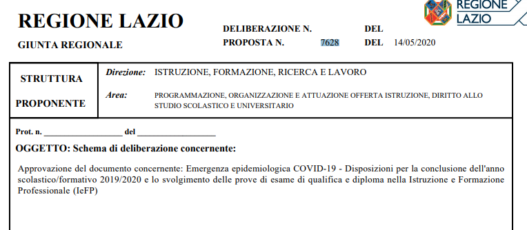 Regione Lazio Delibera 7628 del 14/05/2020