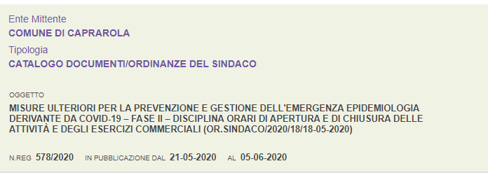 Comune di Caprarola_Ordinanza N.18 del 20/05/2020